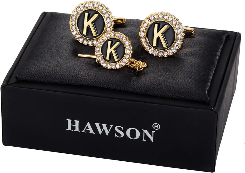 HAWSON Gold Cufflinks and Tie Tack for Men, Gold Cufflinks Crystal with Lapel Pins for Men's Women Set, Tie Tack with Chain on Tie Wedding Business Accessories - Image 2